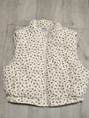 ONLY Cream Floral Corduroy Puffer Vest Size L